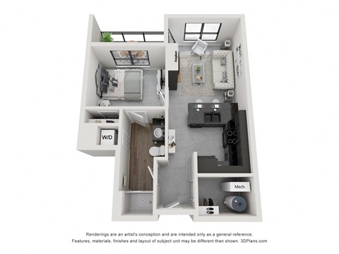 Floor plan for 1 bed, 1 bath, 605 sqft